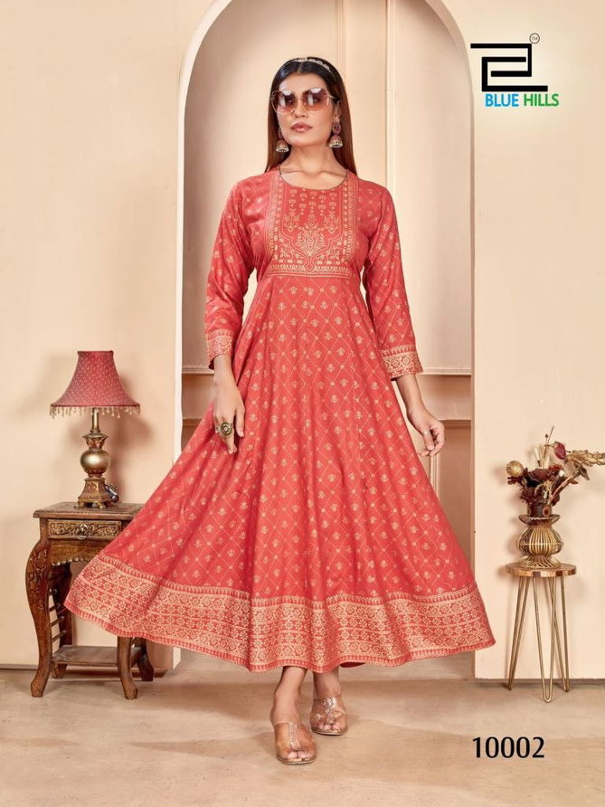 Womania Vol 10 By Blue Hills Rayon Foil Printed Anarkali Kurtis Wholesale Online